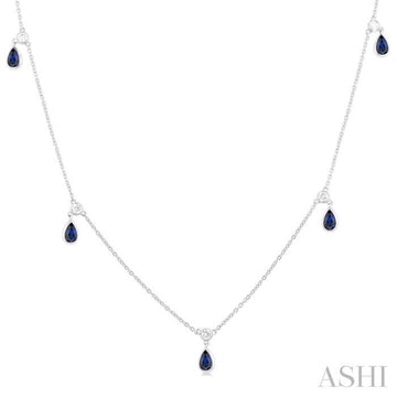5x3 MM Pear Shape Sapphire and 1/8 Ctw Round Cut Diamonds Precious Station Necklace in 10K White Gold